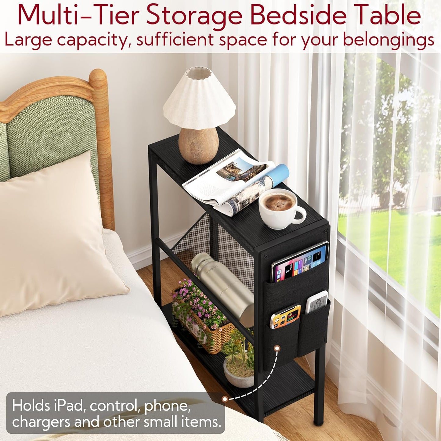 Small Narrow Side Table for Small Spaces, Slim End Table with Storage Bag, Sofa Snack Table with Adjustable Metal Mesh, 3 Tier Accent Skinny beside Table for Living Room & Bedroom, Black Oak