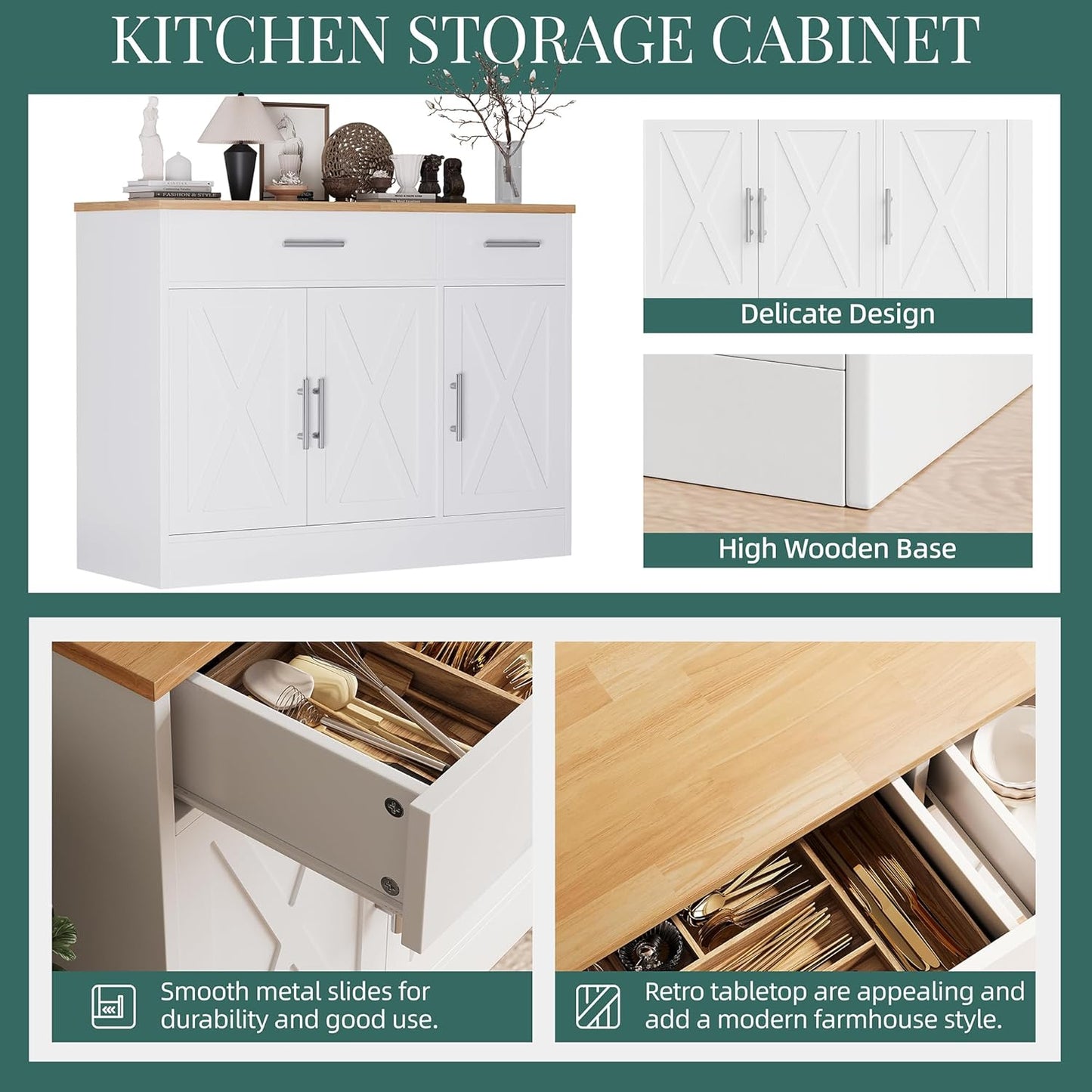 Modern Farmhouse Sideboard Buffet Cabinet with Storage with 3 Doors,42" Barn Doors Buffet Cabinet with Storage, Wood Coffee Bar Cabinets with Adjustable Shelf for Kitchen Living Room,White
