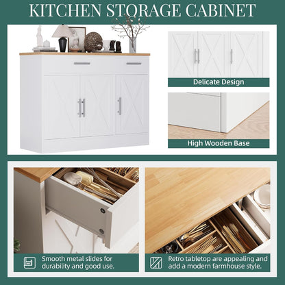 Modern Farmhouse Sideboard Buffet Cabinet with Storage with 3 Doors,42" Barn Doors Buffet Cabinet with Storage, Wood Coffee Bar Cabinets with Adjustable Shelf for Kitchen Living Room,White