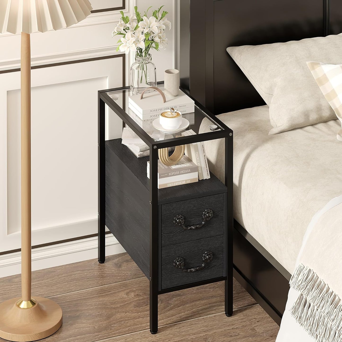 Narrow Side Table, Night Stand Sofa Table with Glass Top,Bedside End Tables with Storage Drawers,Wood Nightstand for Small Spaces Living Room Bedroom,Black