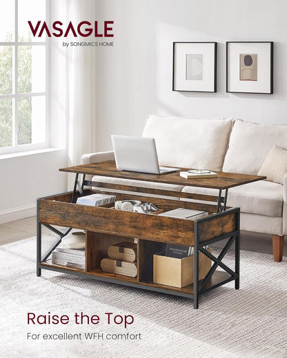 Lift Top Coffee Table, Lift Coffee Table with Storage Shelf, Hidden Compartments and Lifting Top, for Living Room, Office, 19.7 X 47.2 X (19.3-24.4) Inches, Rustic Brown and Black ULCT212B01