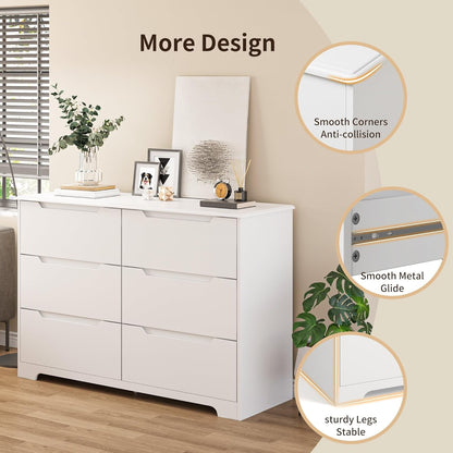 6 Drawer Double Dresser for Bedroom with Anti-Tip Design, Modern Wide Wooden Chest of Drawers with Cut-Out Handles, Closet Storage Organizer and TV Stand for Living Room, Hallway, Entryway