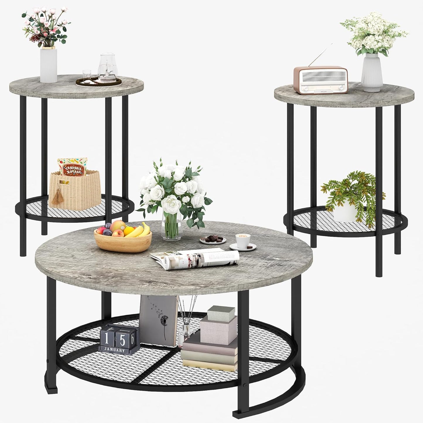 Living Room Coffee and End Table Sets, Wooden Modern Rustic Center Table with Two Side Tables, 3 Piece Living Room Coffee Table Set with Storage for Living Room, Apartment (Grey)