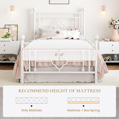 14 Inches Twin Size Metal Platform Bed Frame/Vintage Iron-Art Headboard and Footboard/Mattress Foundation for Storage/No Box Spring Needed/Noise-Free/Easy Assembly/White