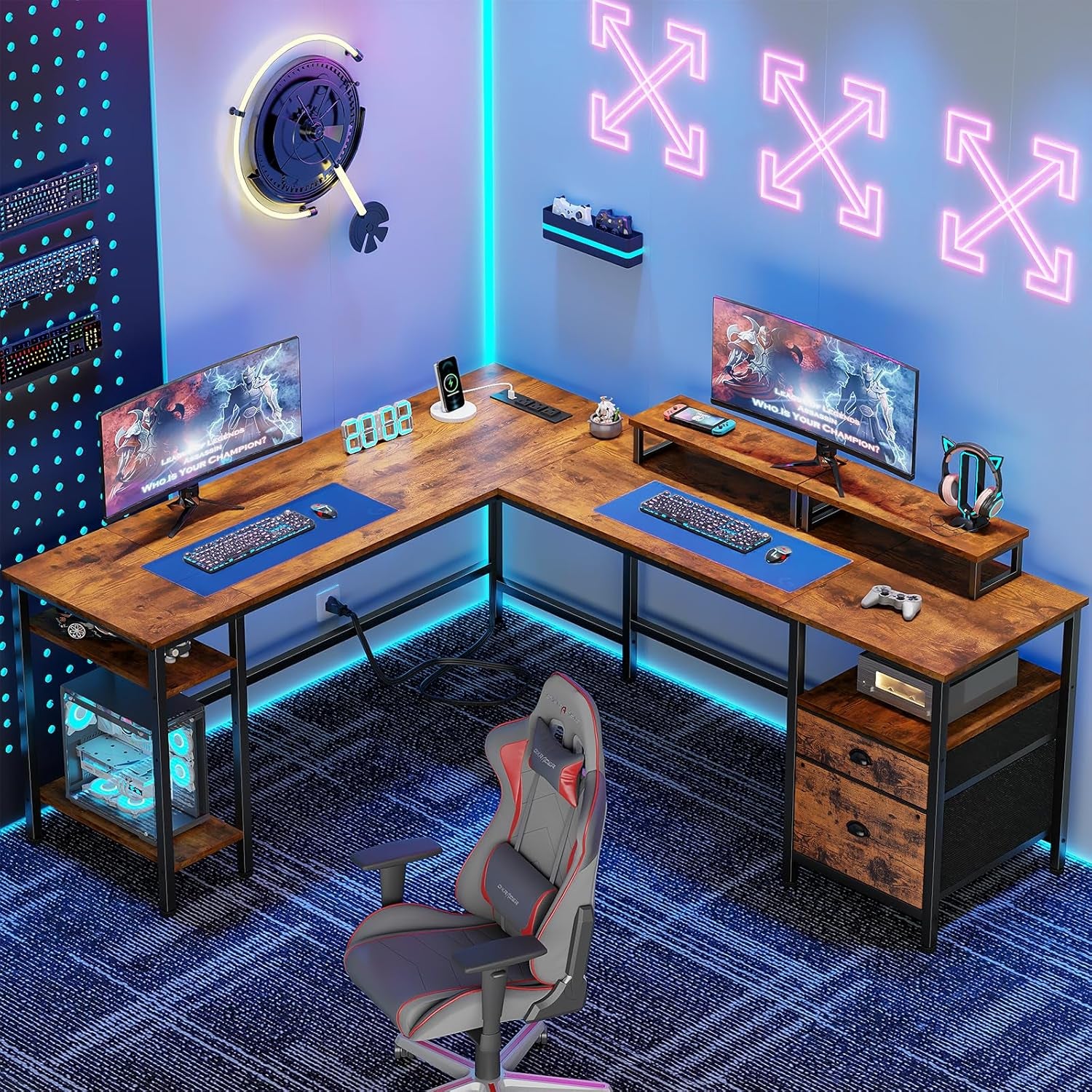 White 59” L Shaped Desk with Power Outlet, Reversible Computer Desk with File Drawer & 2 Monitor Stands, Corner Home Office Table with Storage Shelves for Gaming Writing
