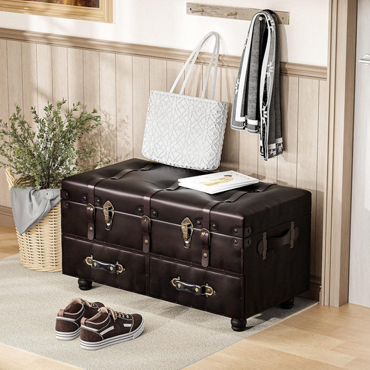 Vintage Treasure Chest Bench with Latch Closure and Buckle Trunk, Farmhouse Faux Leather Storage Ottoman Bench for Living Room, Entryway, Bedroom, Sponge Padded ，Black Brown