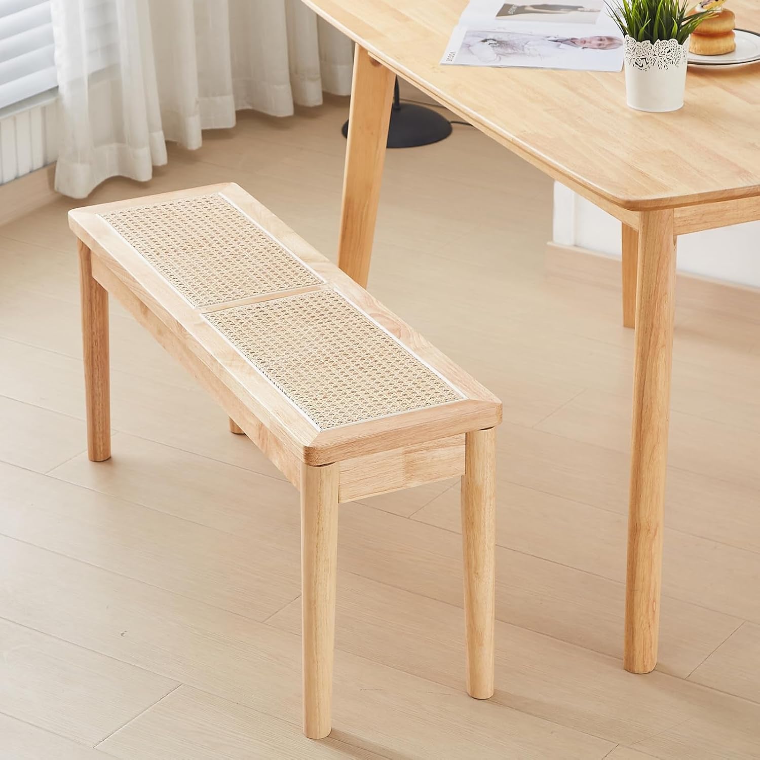 40" Wooden Dining Bench with Hand Woven Rattan Seat,Solid Wood Bench for Entryway,Living Room,Kitchen and Bedroom（Nature Wood，18" H
