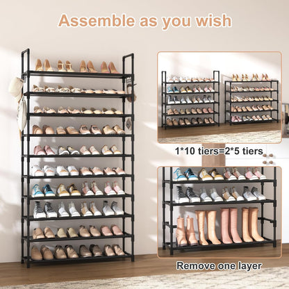 10 Tier Shoe Rack Tall Large Capacity 50 Pair Wide Shoe Organizer with Two Hooks Sturdy Metal Shoe Shelf for Entryway, Closet, Bedroom