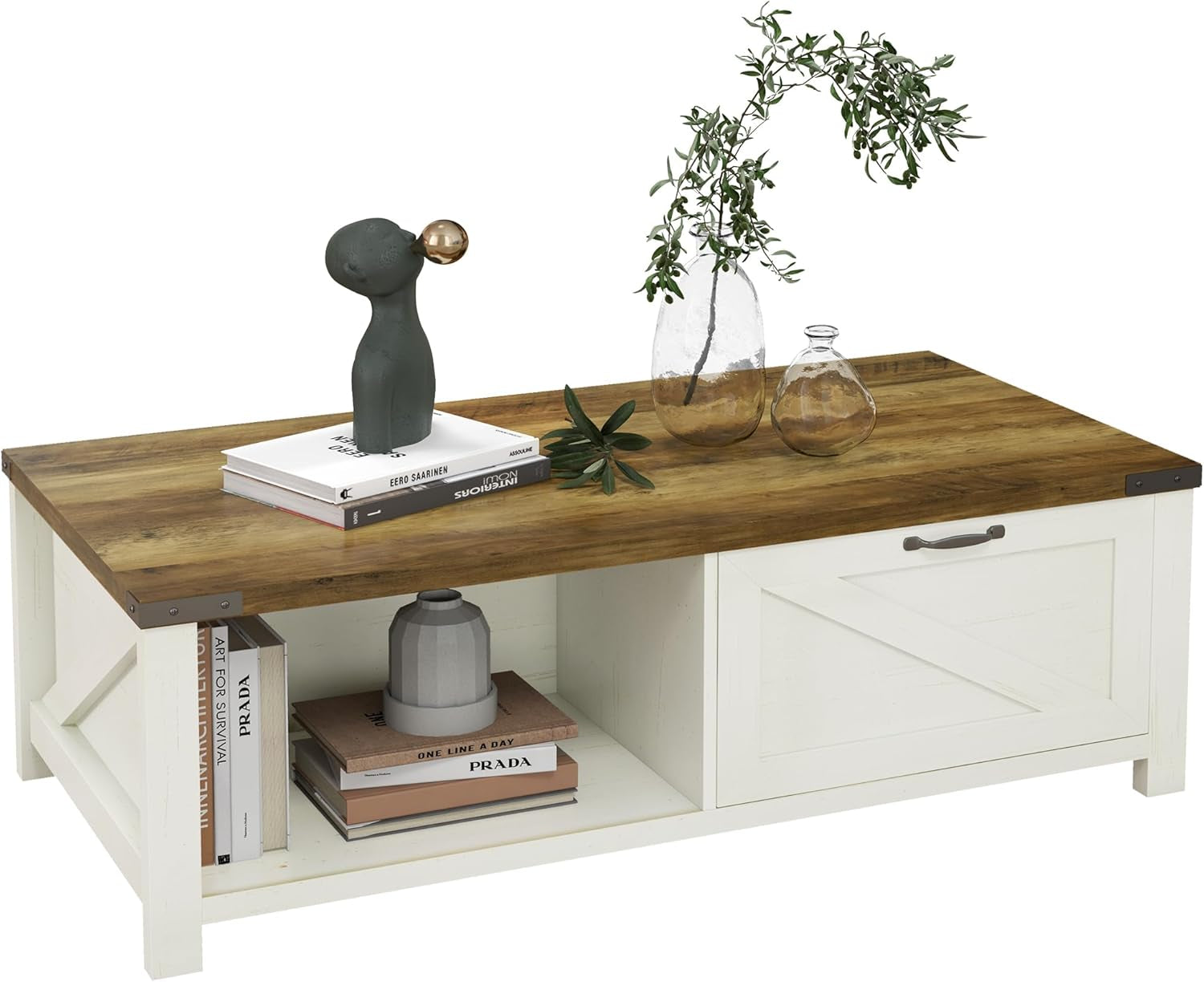 Farmhouse Coffee Table with Storage and Drawer, Rustic Coffee Table for Living Room, Open Shelf, White