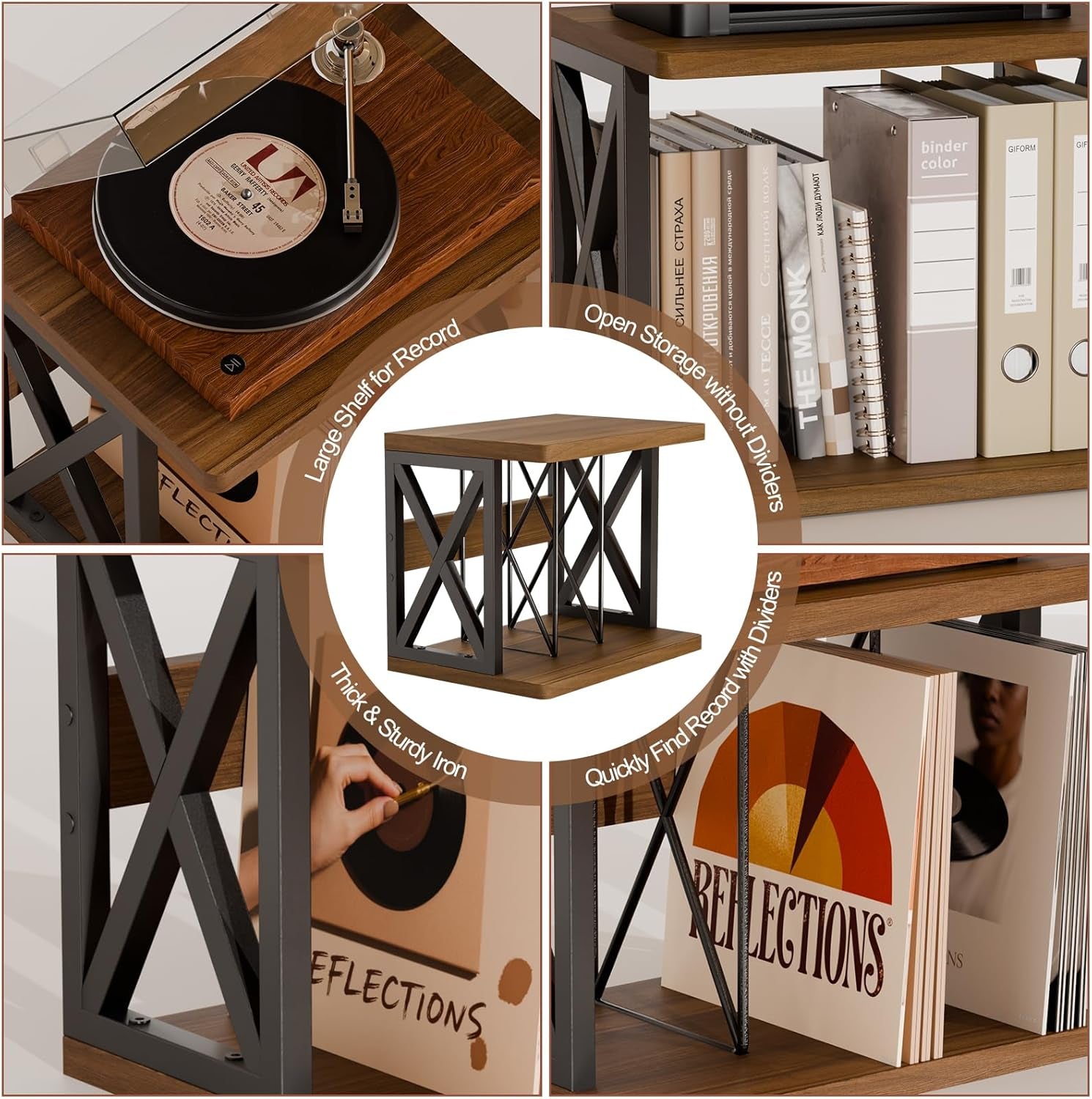 Vinyl Records Storage,80-100Lps Record Holder,Stackable Vinyl Holder,2-Tier Record Player Stand,Wood Records Player Table,Turntable Stand for Magazine, Book, Files, Albums