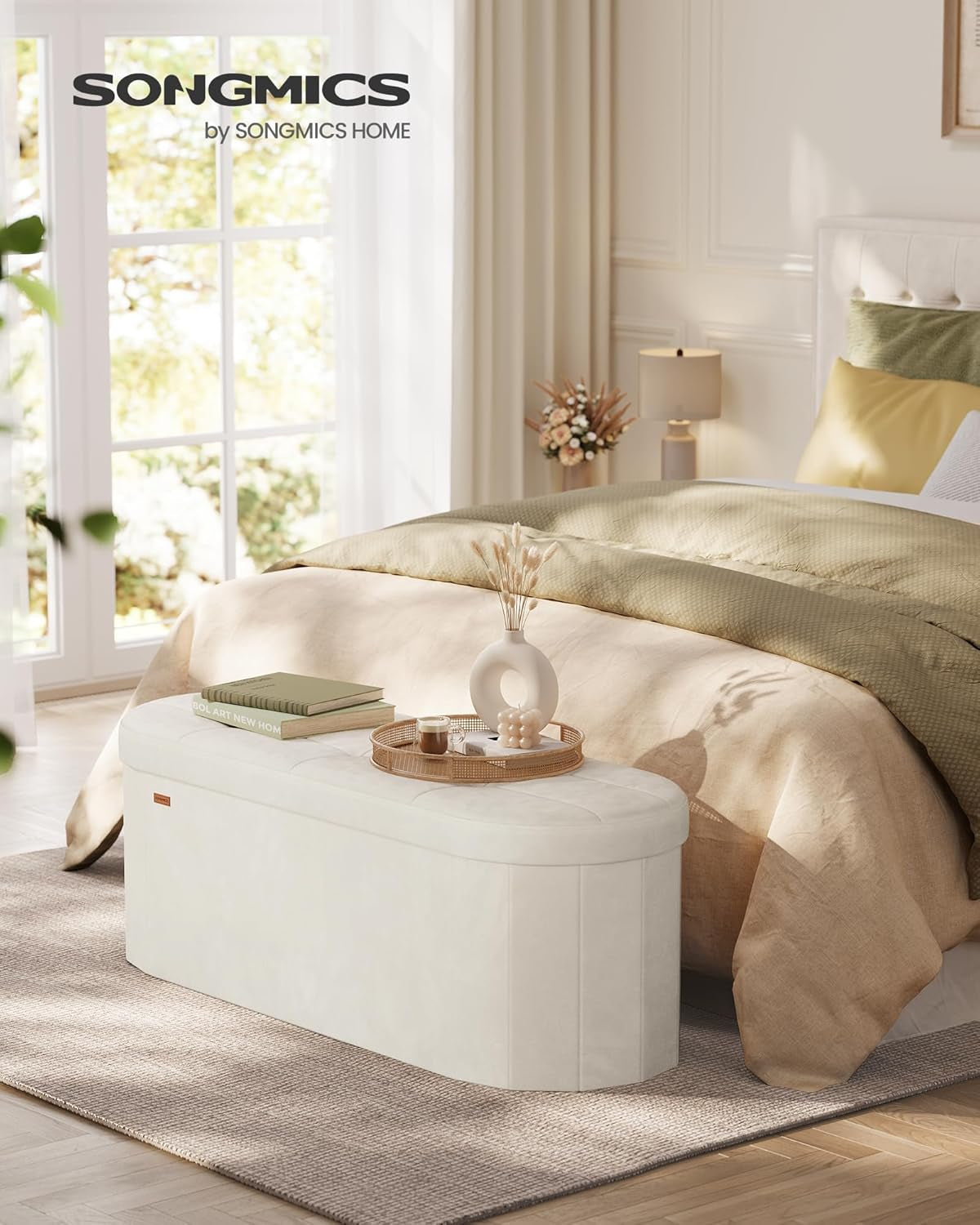 Mazie Collection - Folding Ottoman with Storage, Oval Storage Ottoman Bench, for Living Room, Bedroom, Velvet Fabric, 15 X 43 X 15 Inches, Cream White ULSF297LH01