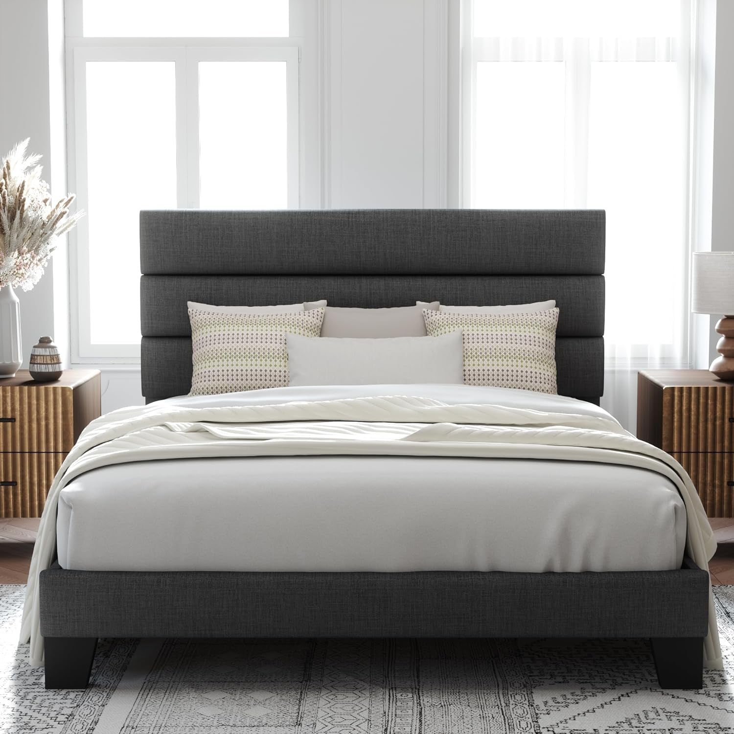 Queen Size Platform Bed Frame with Fabric Upholstered Headboard and Wooden Slats Support, Fully Upholstered Mattress Foundation/No Box Spring Needed/Easy Assembly, Dark Grey