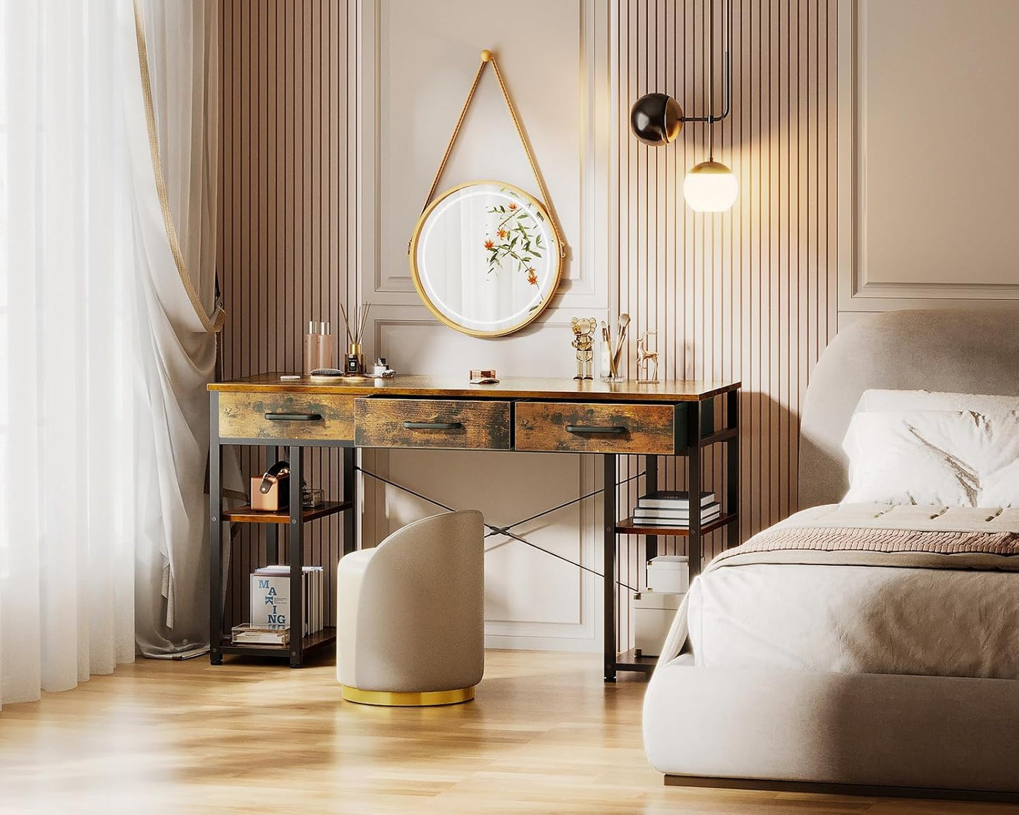 Vanity Desk with 3 Fabric Drawers & Storage Shelves, Makeup Dressing Table, Home Office Desks for Bedroom, Small Modern Writing Desk for Girls Bedroom, White and Gold, 48"X16" (No Mirror)