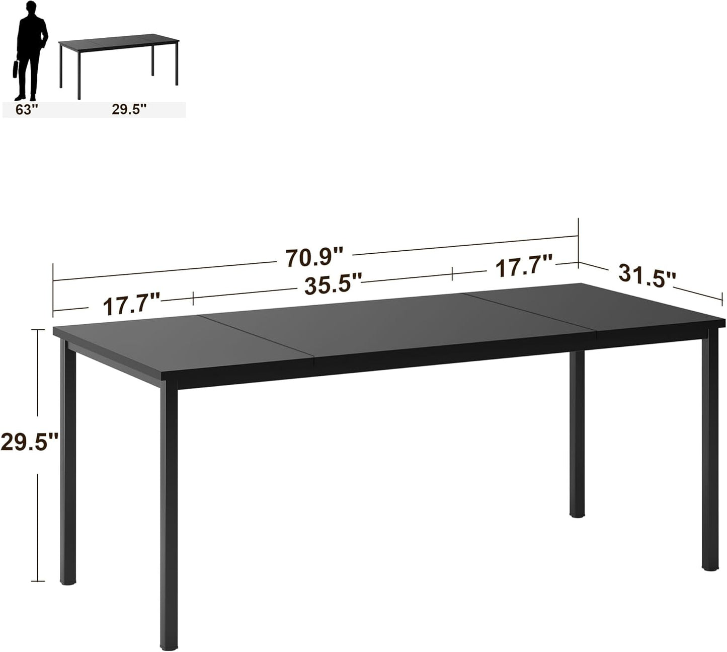 Large Computer Desk, 70.8 Inch Study Student Writing Desk, Simple Style PC Workstation with Black Metal Frame for Home Bedroom, Black