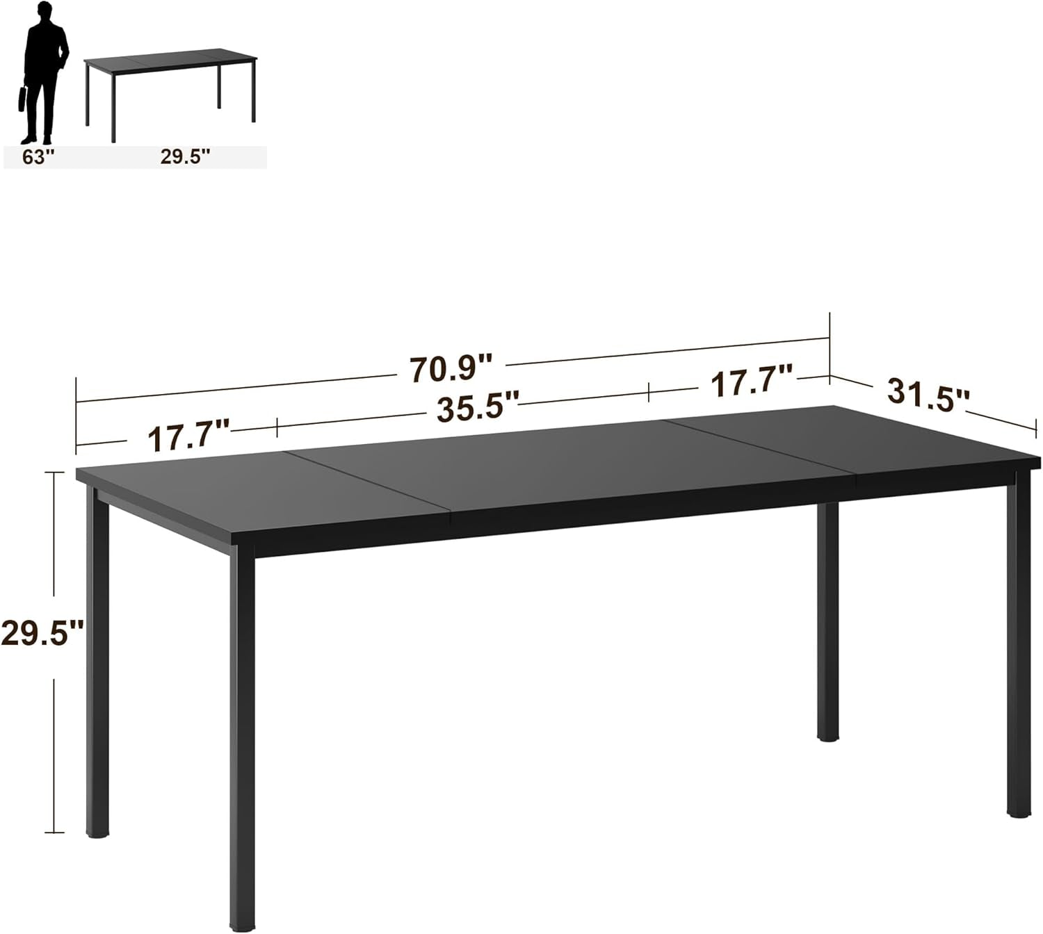 Large Computer Desk, 70.8 Inch Study Student Writing Desk, Simple Style PC Workstation with Black Metal Frame for Home Bedroom, Black