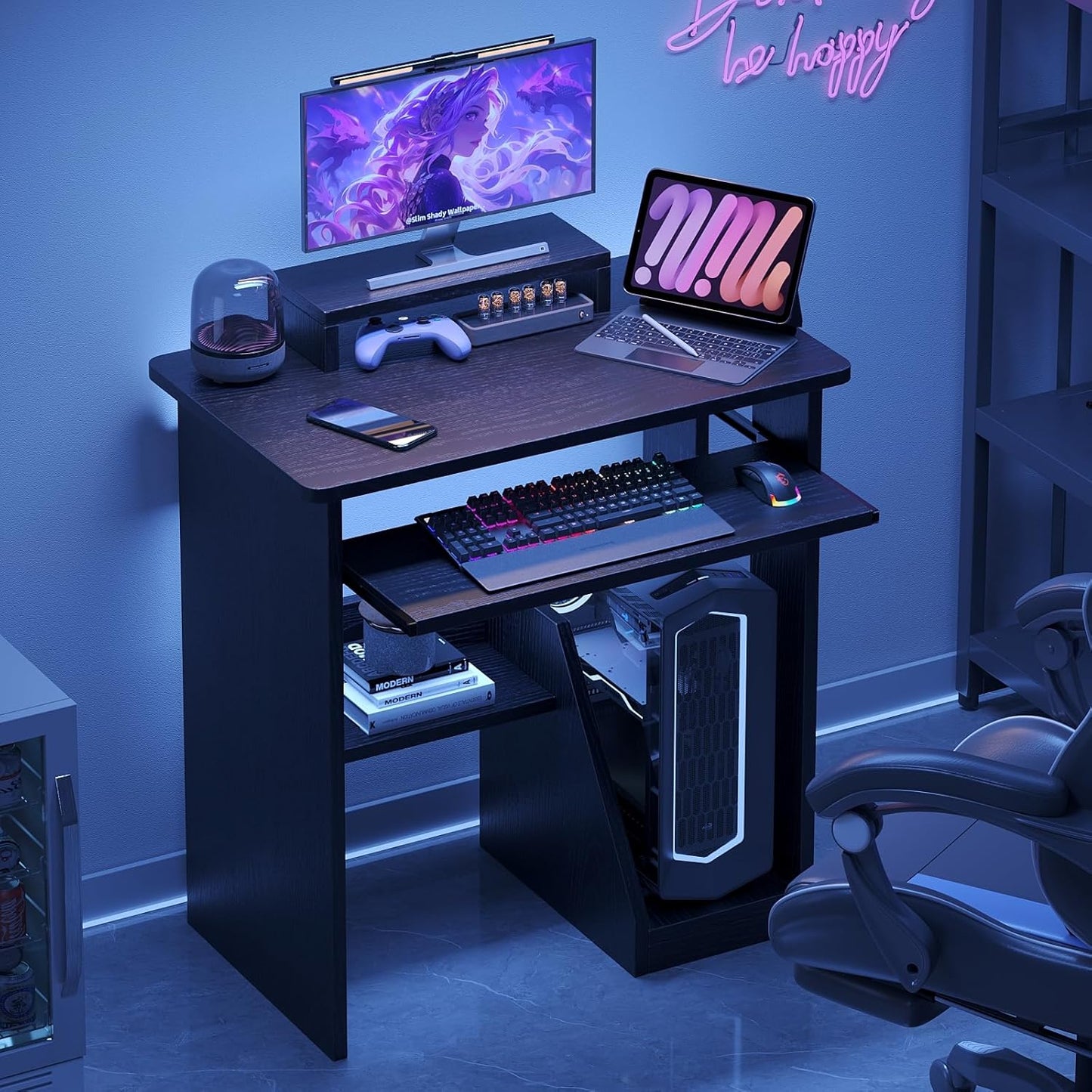 30 Inch Gaming Desk Computer Desk with Keyboard Tray Monitor Stand Storage Shelves CPU Stand, Industrial Small Desk for Small Spaces, Home Office Desk, Black