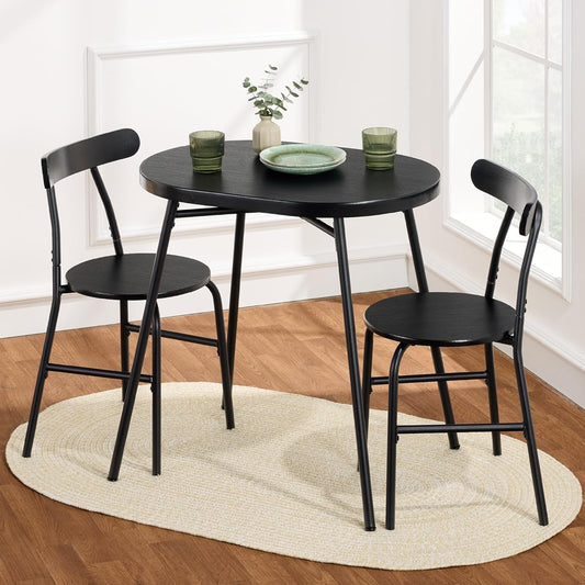 3-Piece Modern Oval Dining Table Set, Small Kitchen Dinette W/ 2 Chairs, Metal Frame, Curved Backrests - Black/Black
