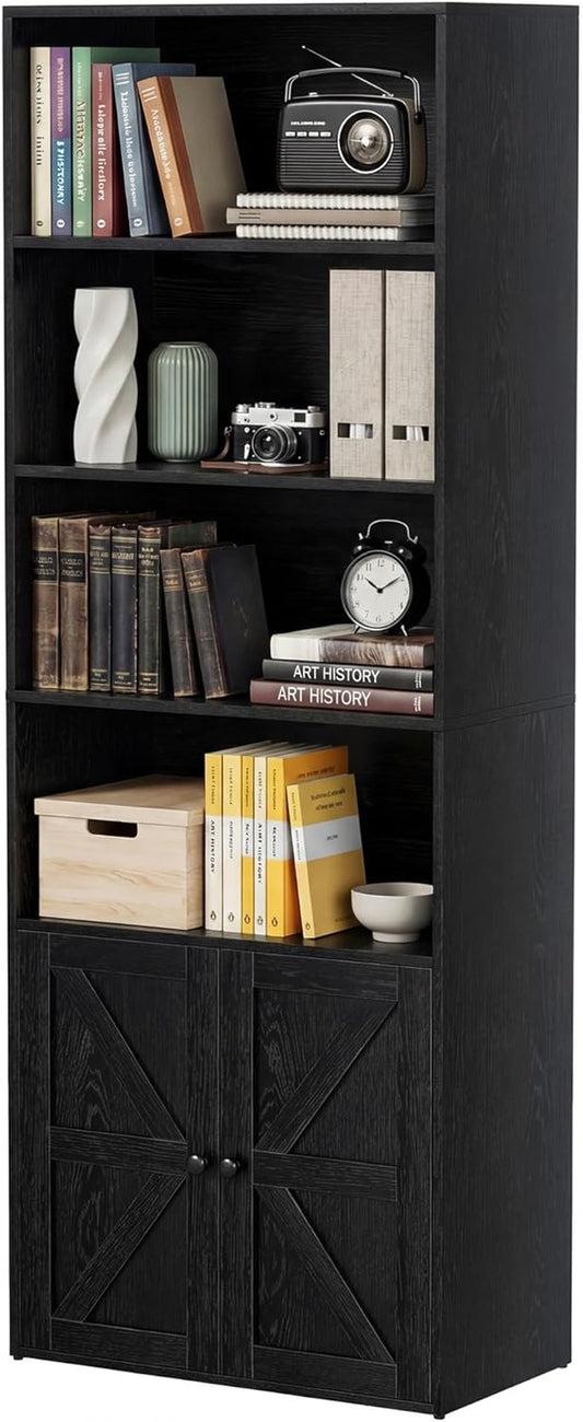 Farmhouse Bookshelf and Bookcase with Doors, Industrial Bookshelves and Bookcases Floor Standing Display 6-Tier Shelf Storage Shelves 71.5 Inchs for Home Office, Living Room, Black, 1 PCS