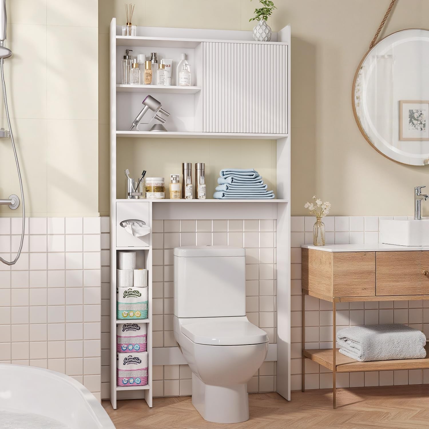 31.5" W over the Toilet Storage Cabinet with Sliding Door, Bathroom above Toilet Storage Cabinet with Adjustable Shelves, Toilet Paper Holder, Space Saver Cabinet for Bathroom, White