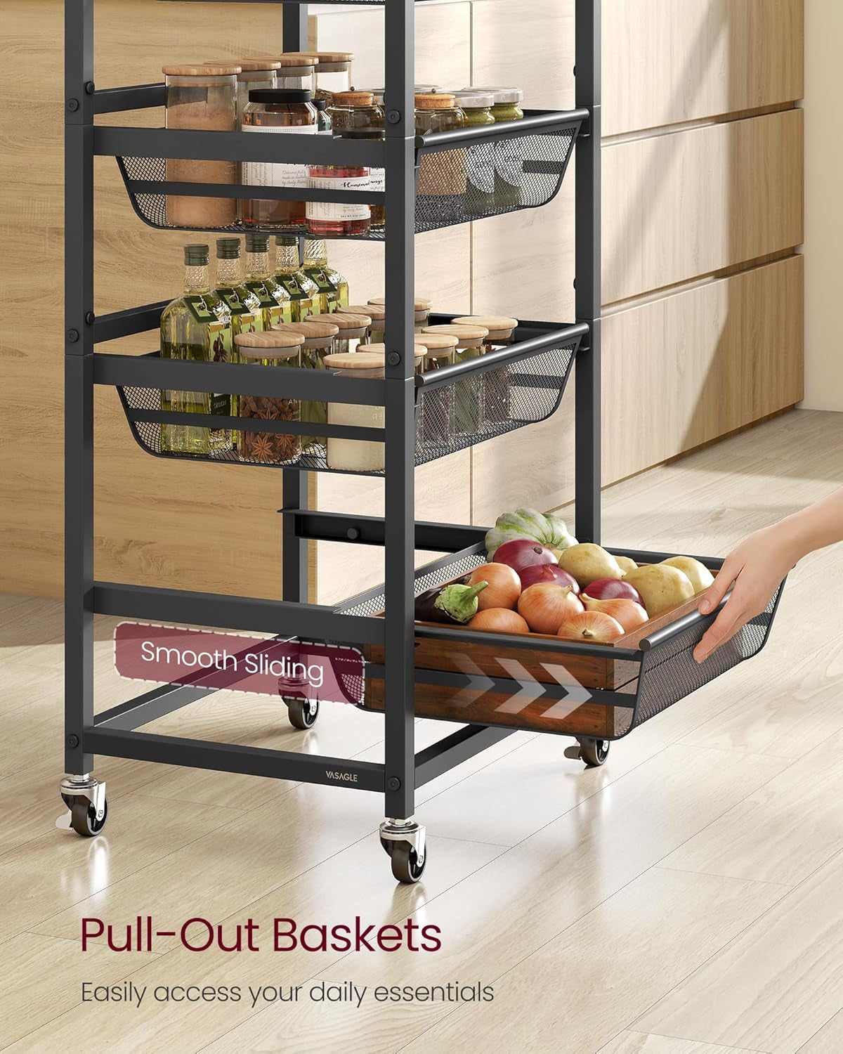 Storage Cart with Pull-Out Baskets, 5-Tier Kitchen Cart with Wheels, Handle, 12.5 X 15.8 X 37.4 Inches, Rustic Brown and Ink Black ULRC041K01