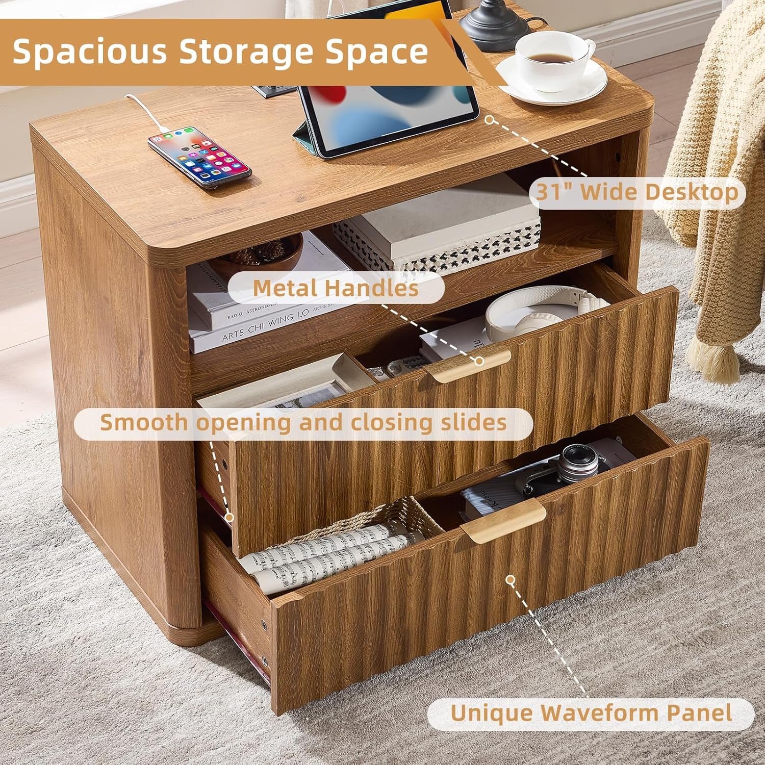 31" Wide Fluted Nightstand Set of 2 with Charging Station, Oversized Extra Large 2 Drawers Night Stand,Brown Wood Bedside Table,Tall End Tables,Modern Chest of Drawers Dressers for Bedroom