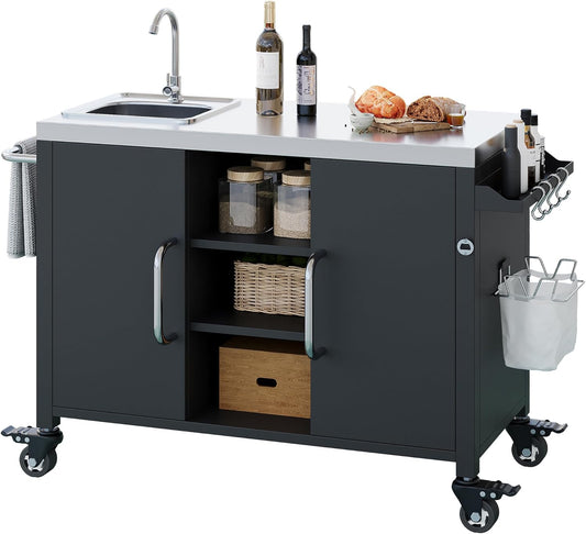 55.5" Outdoor Kitchen Island with Stainless Steel Sink, Outdoor Bar Cart Sink Station with 4 Lockable Wheel for Pizza Prep & BBQ Black