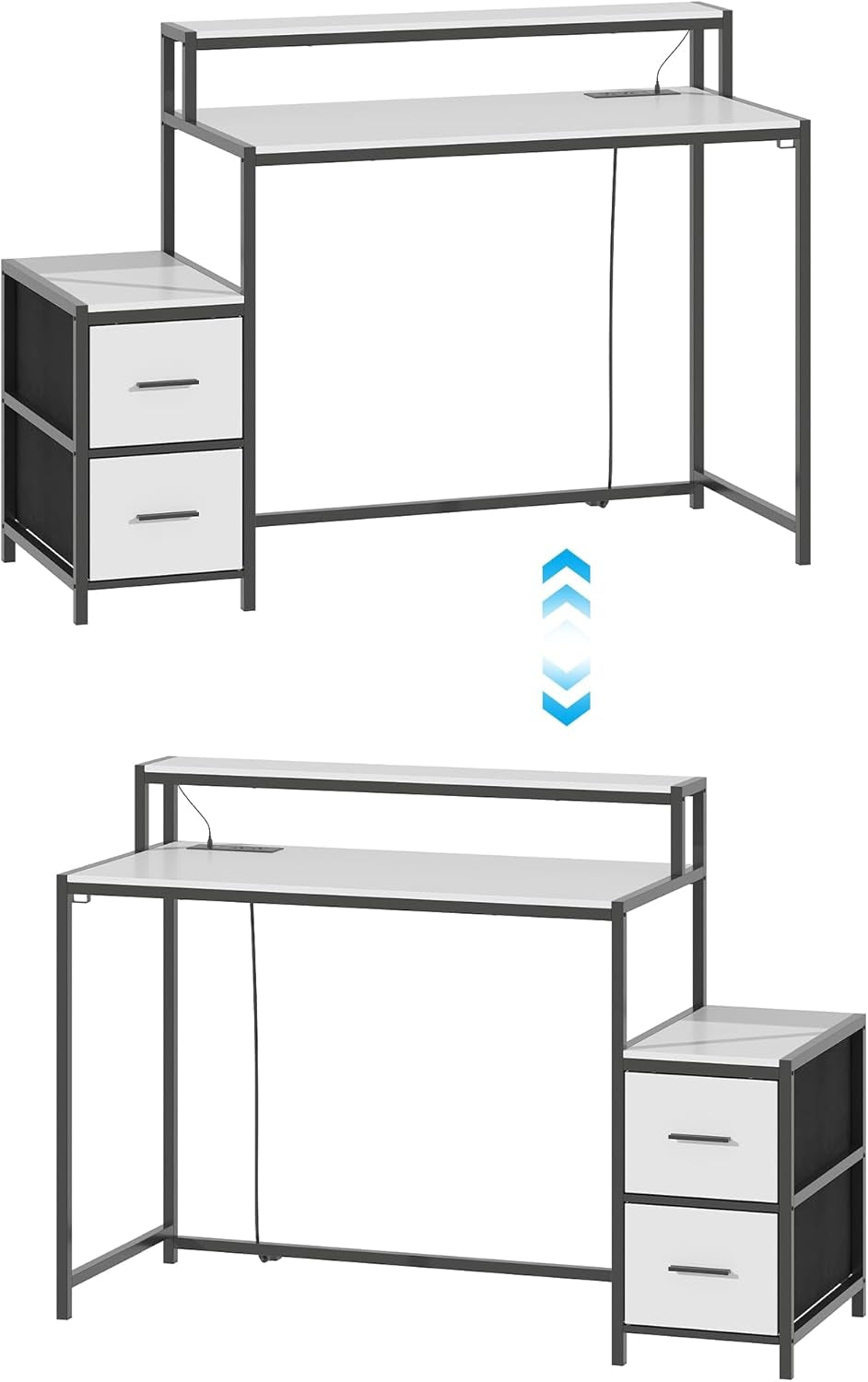 50 Inch Gaming Desk with LED Lights and Power Outlets, White Compact Computer Office Desk with Storage Shelves,Monitor Stand & Side Hook, Storage Drawers of Computer Table for Bedroom