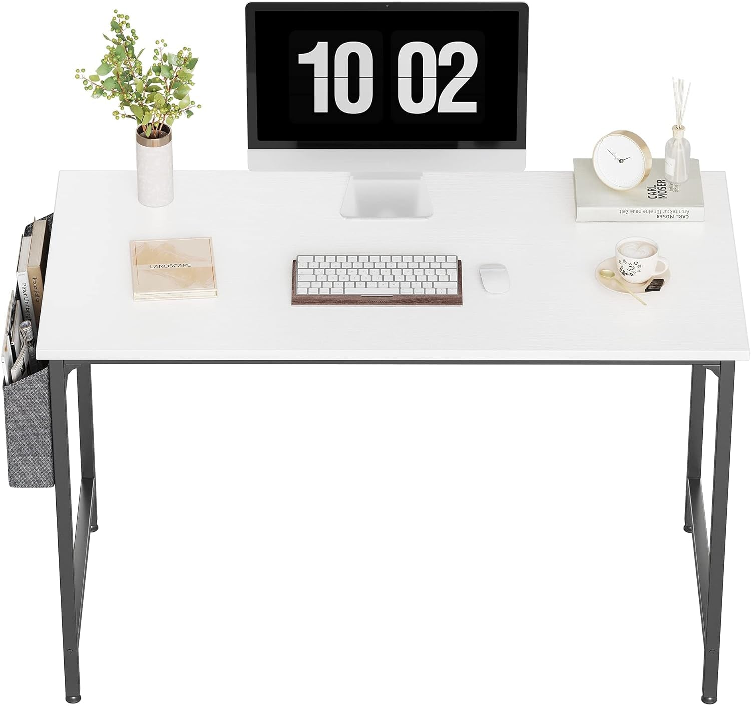Computer Desk 40 Inch Study Writing Table for Home Office, Modern Simple Style PC Table with Storage Bag, White