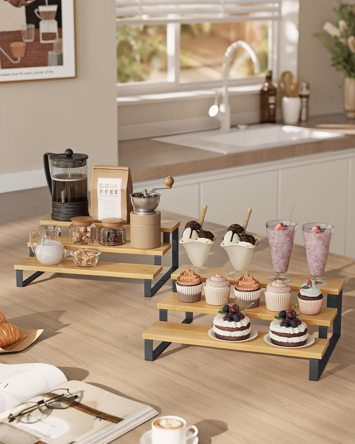 Display Risers, Set of 2 Engineered Wood Perfume Organizer Stand, 3-Tier Cupcake Stand Holder, Spice Rack, Shelf Risers for Figures, Dessert Shelves, Natural Beige and Ink Black UKCS016N01