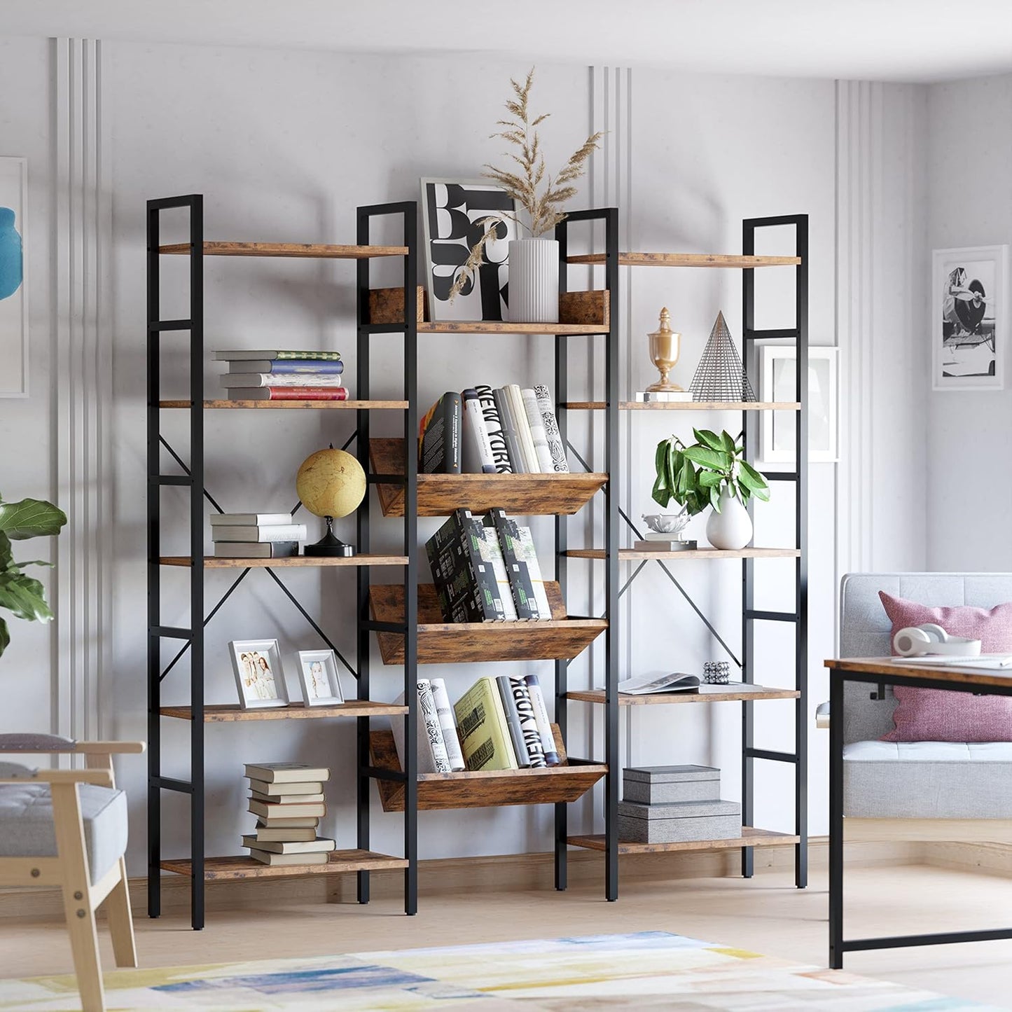 Bookshelf, Bookshelves and Bookcases, Triple Wide 5 Tiers Book Shelf with Baffles, Industrial Bookshelf with Metal Frame for Living Room, Home Office