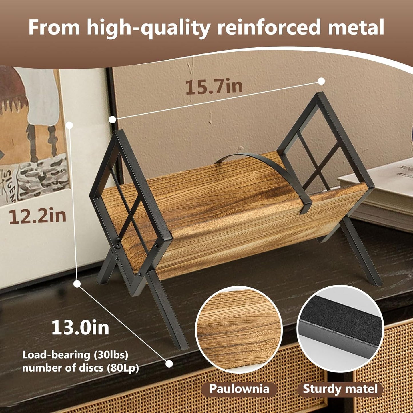 Vinyl Record Holder,Wooden and Heavy-Duty Steel Vinyl Record Storage Rack for 80-100 Lp,Albums,Magazine, Book, Files.Retro Style Record Display (Fire-Burnt Retro)
