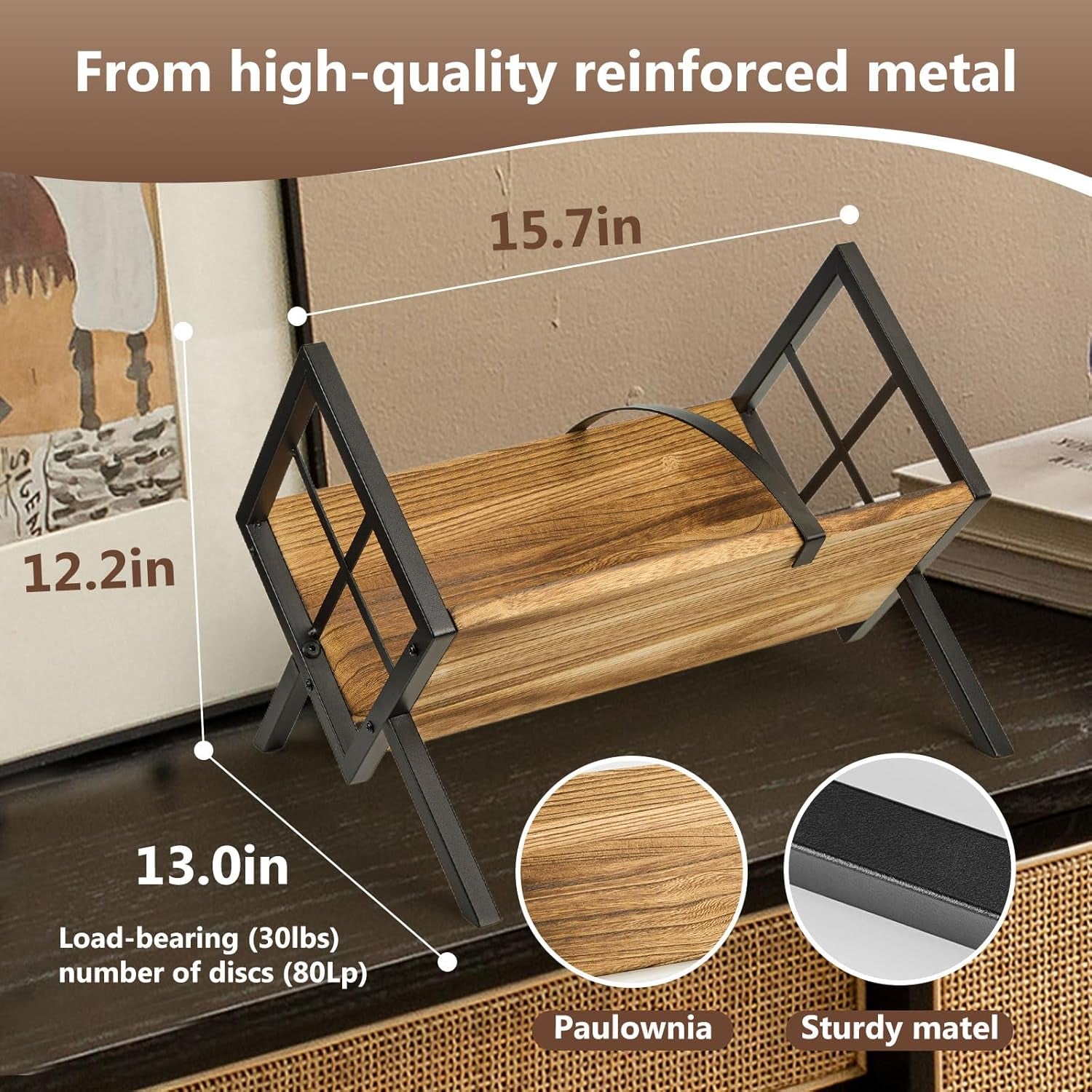Vinyl Record Holder,Wooden and Heavy-Duty Steel Vinyl Record Storage Rack for 80-100 Lp,Albums,Magazine, Book, Files.Retro Style Record Display (Fire-Burnt Retro)