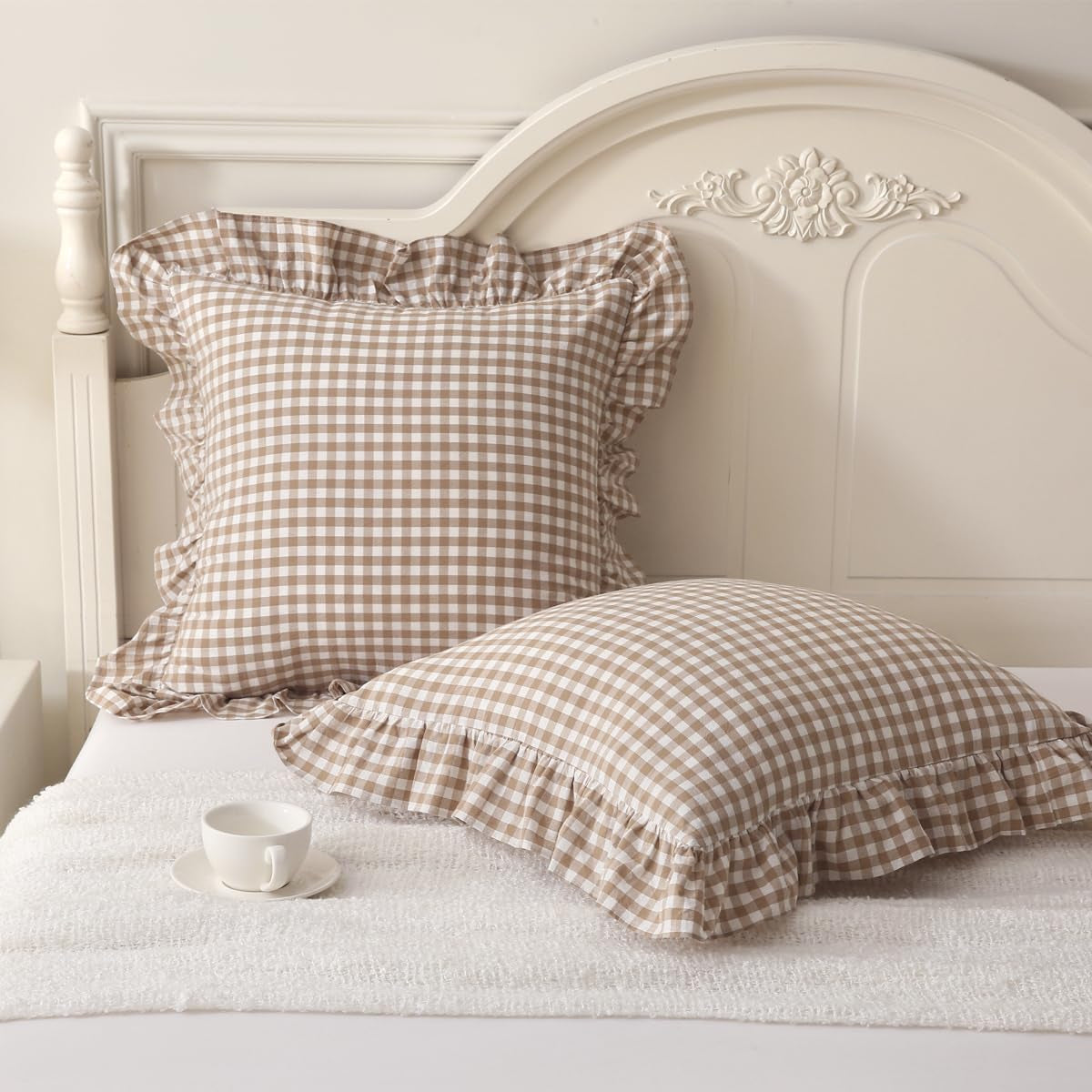 2 Pack Taupe/White Plaid Ruffle Throw Pillow Covers Farmhouse Checkered Chic Washed Cotton Pillowcases Gingham Pillow Shams for Bed, Sofa, Living Room-20"X20"
