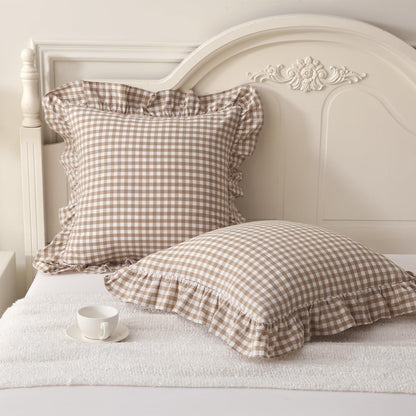 2 Pack Taupe/White Plaid Ruffle Throw Pillow Covers Farmhouse Checkered Chic Washed Cotton Pillowcases Gingham Pillow Shams for Bed, Sofa, Living Room-20"X20"