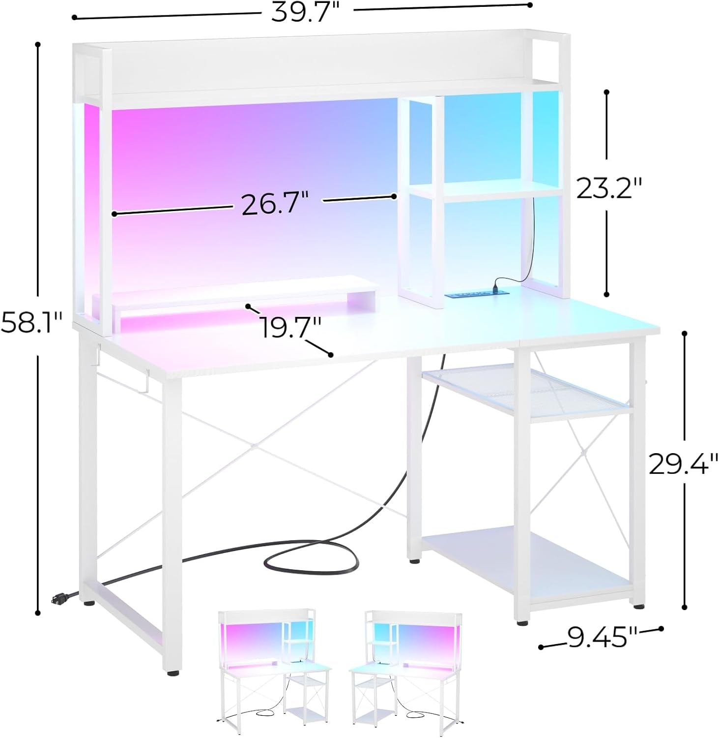 Gaming Desk with Hutch, 39'' Computer Desk with LED Lights & Power Outlets, Home Office Desk with Reversible 5 Tiers Storage Shelves & Monitor Stand, Small Gaming Table for Small Space, White