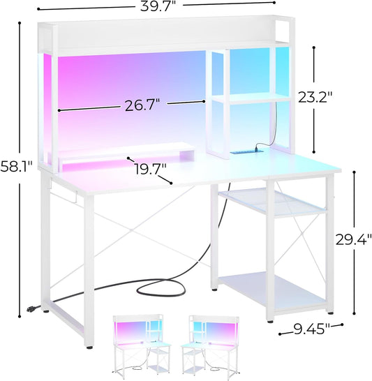 Gaming Desk with Hutch, 39'' Computer Desk with LED Lights & Power Outlets, Home Office Desk with Reversible 5 Tiers Storage Shelves & Monitor Stand, Small Gaming Table for Small Space, White