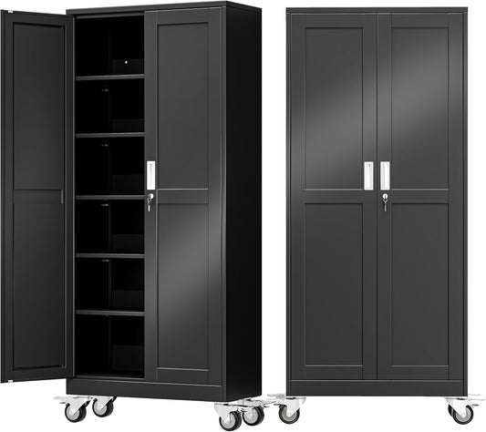 75" Tall Metal Garage Storage Cabinet with Wheels and Locking Doors and Tall Rolling Steel Tool Cabinet with 5 Adjustable Shelves for Garage,Home,Office,Shop (Black)