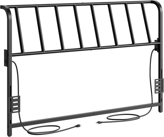 Queen Size Headboard Only, Metal Headboard with 2 Power Strips, 95 Degrees Reclining Backrest with Bed Frame Adapters, Easy Assembly, Black
