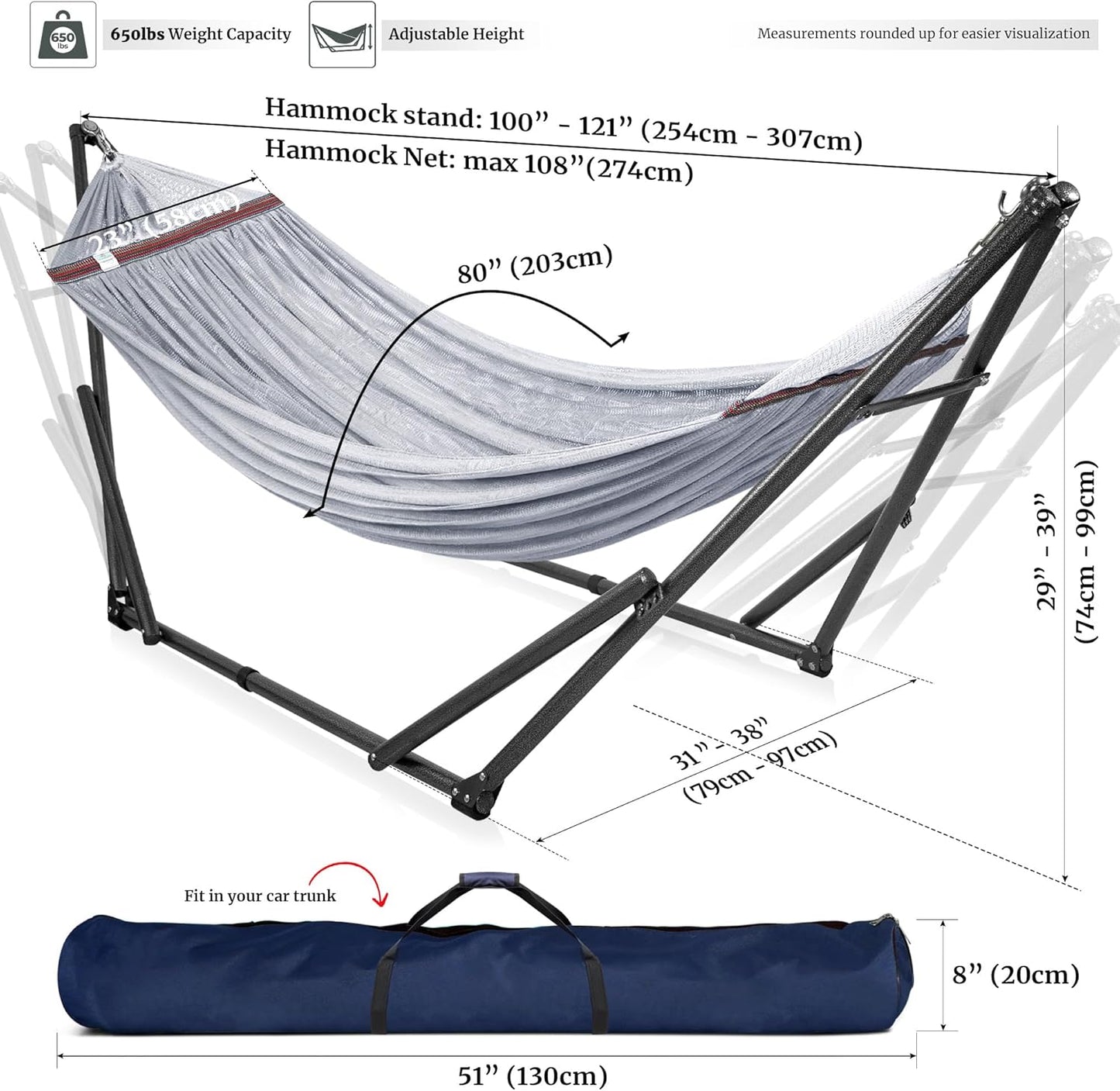 Universal Double Hammock with Stand Included for 2 Persons/Foldable Hammock Stand 600 Lbs Capacity Portable Case - Inhouse, Outdoor, Camping, Grey