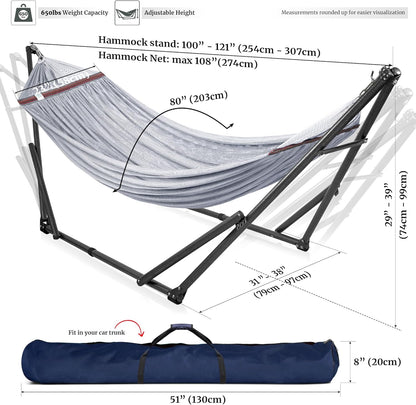 Universal Double Hammock with Stand Included for 2 Persons/Foldable Hammock Stand 600 Lbs Capacity Portable Case - Inhouse, Outdoor, Camping, Grey