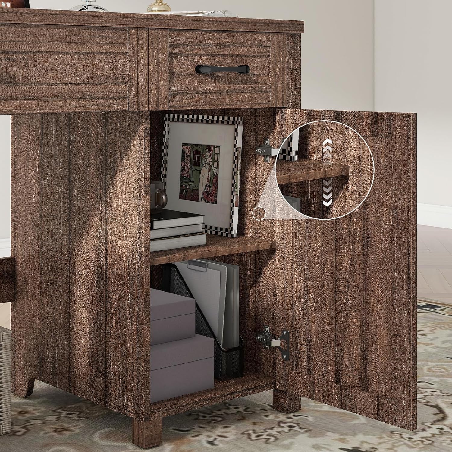 Farmhouse 47" Executive Desk, Computer Desk with Drawers and Storage Cabinet, Workstation Computer Desk for Home Office and Study.Red-Brown