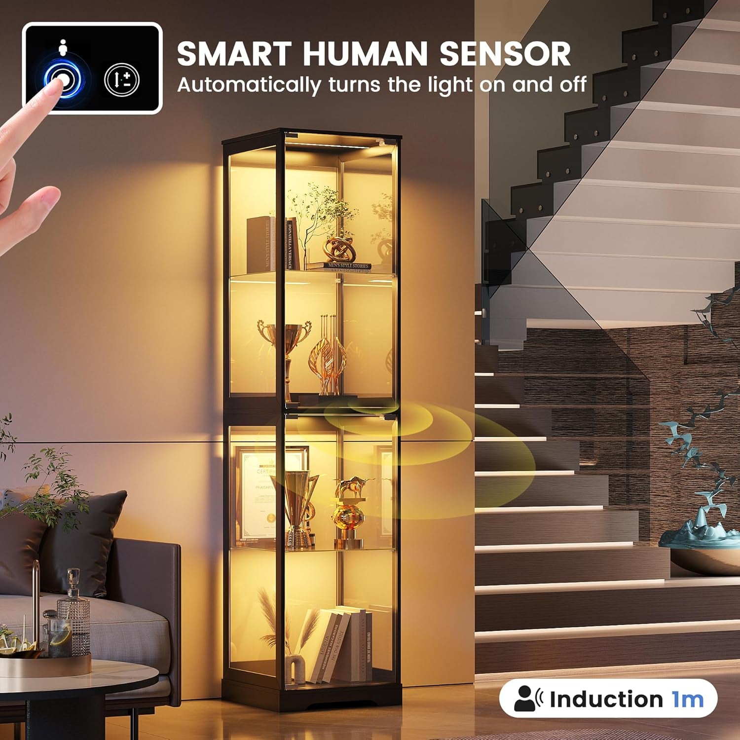 Glass Display Cabinet with Doors, 65" Tall 4-Tier Curio Display Case with 3 Color Lights and Human Body Sensor, Bookcase for Collectibles, Black