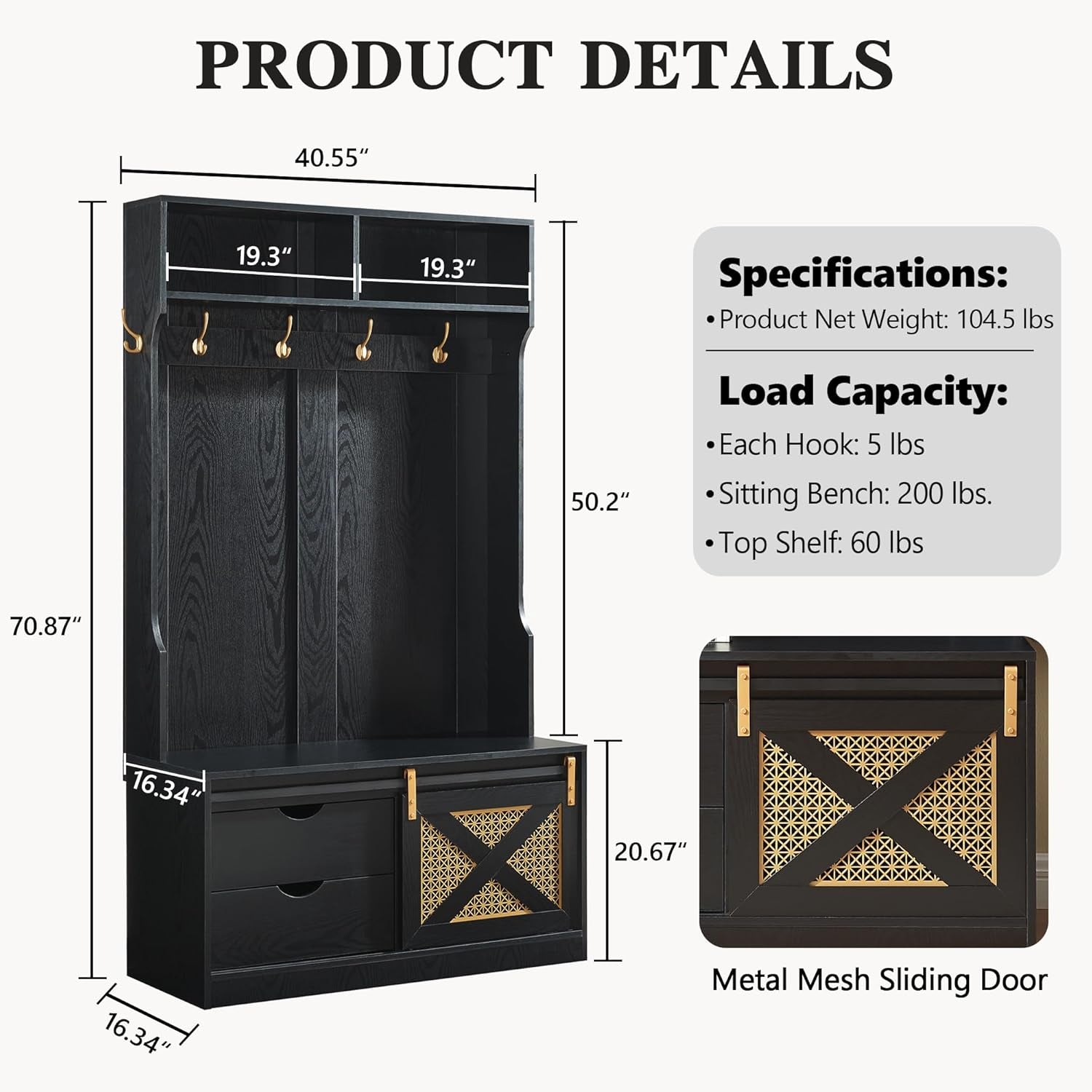 71" H Entryway Hall Tree with Coat Rack and Storage Bench, Coat Tree with Hooks for Entryway, Hallway, Living Room, Mudroom Black