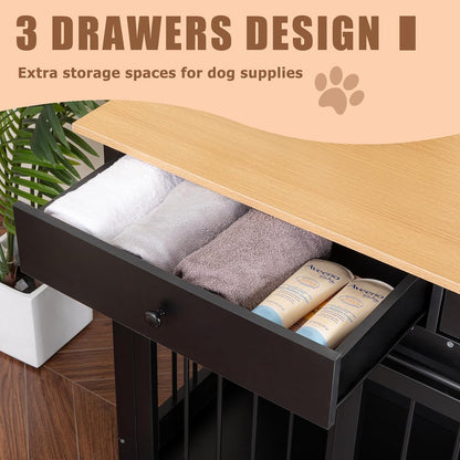 Dog Crate Furniture Large Breed Wooden Dog Kennel with Room Divider & 3 Drawer,Black Double Doors Heavy Duty Dog Crate End Table Indoor TV Stand for Small Medium Large Dog,72''W*24''D*35''H