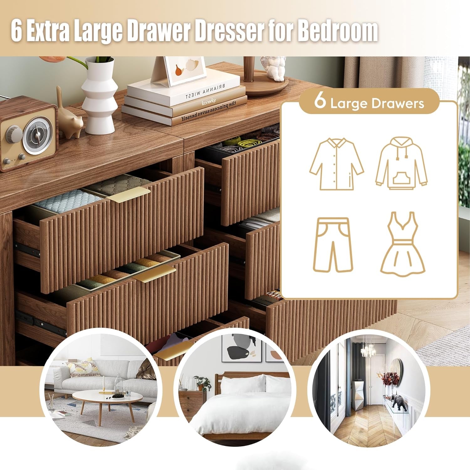 Fluted Nightstands Set of 2, Wooden Farmhouse Night Stands with 6 Drawer Bedside Table - Boho Tall End Table Accent Table for Bedroom, Living Room, Walnut