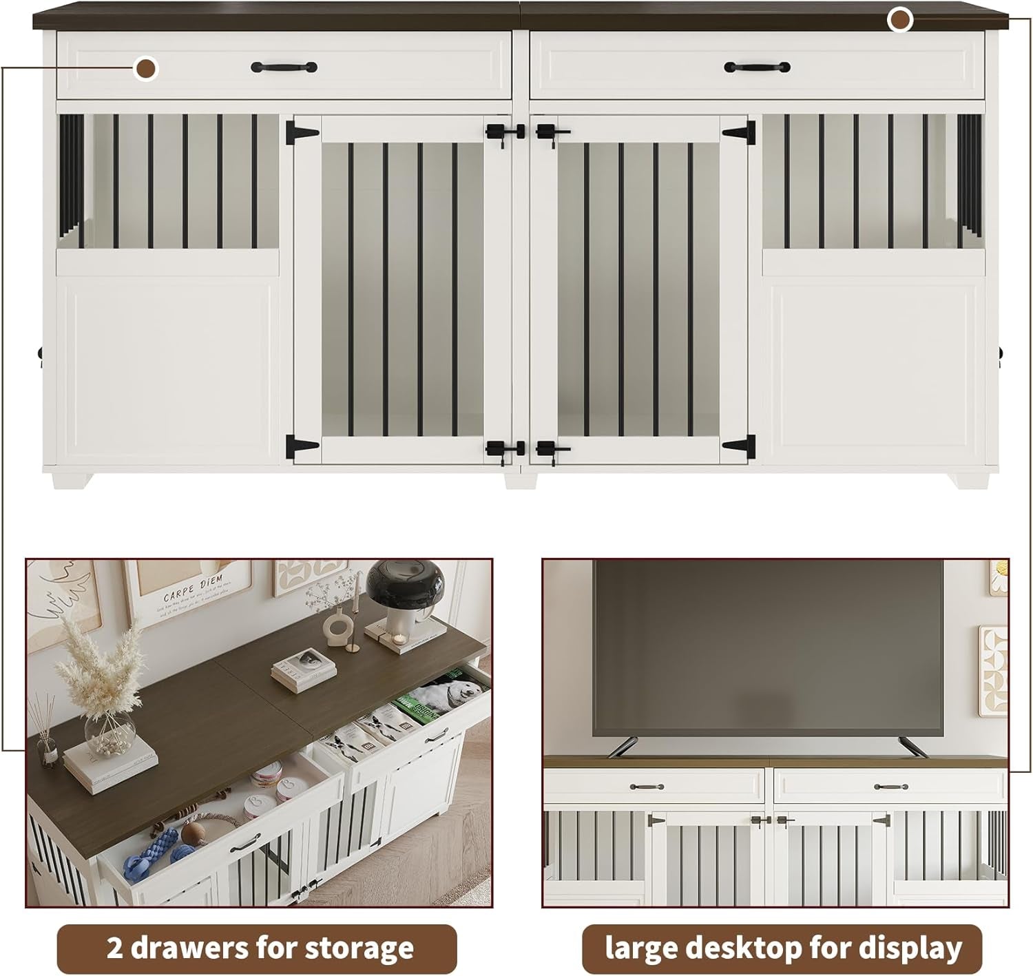 Dog Crate Furniture - Indoor Wood Dog Kennel Furniture 4 Doors with Divider and 2 Drawers - 72" L X 23.6" W X 34.8" H, White