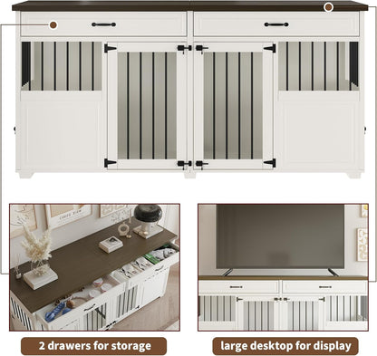 Dog Crate Furniture - Indoor Wood Dog Kennel Furniture 4 Doors with Divider and 2 Drawers - 72" L X 23.6" W X 34.8" H, White