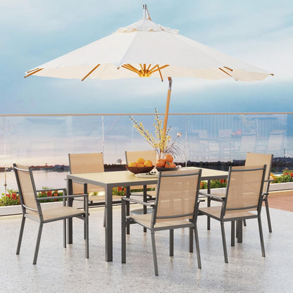 Patio Table and Chairs Set for 6, Outdoor Dining Set Includes 59.5" Rectangle Patio Table with Side Umbrella Hole and 6 Textilene Fabric Patio Chairs for Backyard, Courtyard, Poolside, Brown
