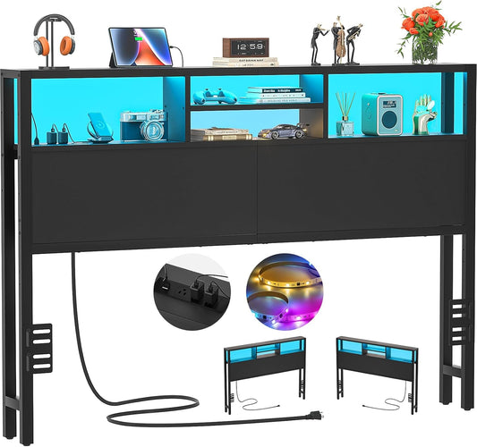 Headboard for Queen Size Bed with Storage, Headboards with Outlets, USB Ports and LED Light, Queen Size Head Board Only, Height Adjustable, Reversible, Sturdy and Stable Headboard, Black