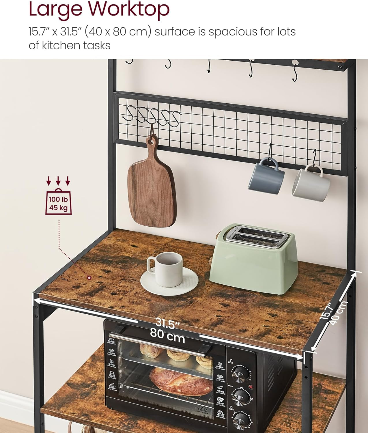 Bakers Rack with Charging Station, 31.5 Inches Coffee Bar Stand with Adjustable Storage Shelf, Grid Panel, 12 Hooks, Table for Microwave, Kitchen, Rustic Brown and Ink Black UKKS016K01
